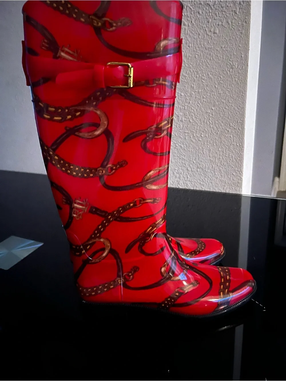 Lauren Ralph Lauren Red Patterned Gloss Rain Boots with Buckle Accent